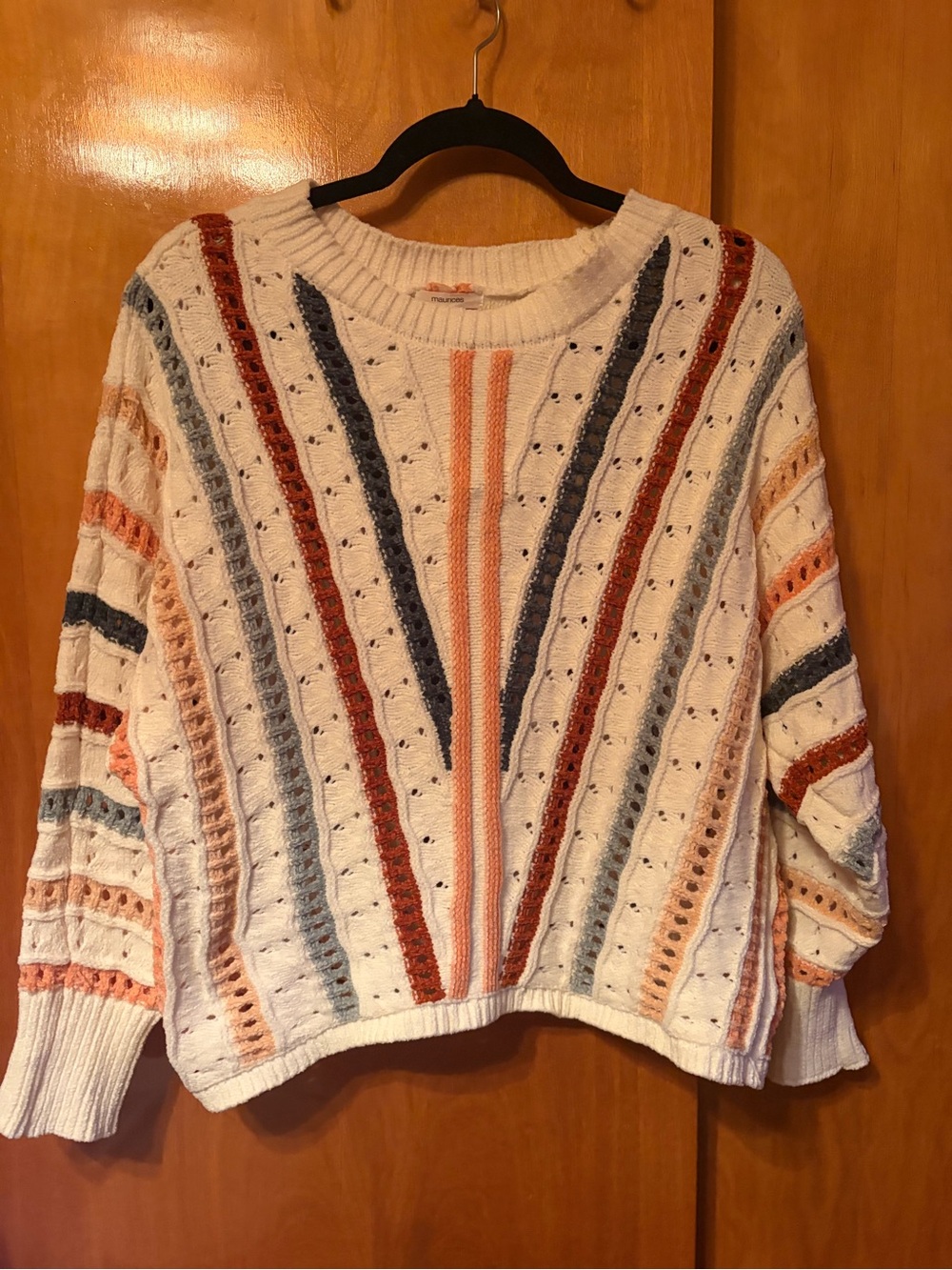 Maurice’s Cozy Ivory Striped Knit Sweater with Rust & Blue Accents